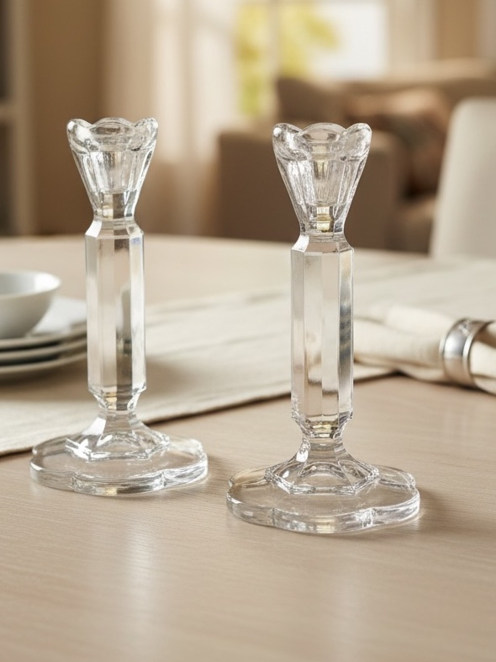 Beautiful Pair of Clear Crystal Taper Candlestick Holders by Violetta